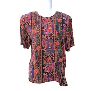 Vintage Silk Floral Paisley Scroll Print Short Sleeve Blouse Size Medium